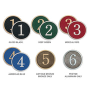 Finish options for a square address plaque including black, green, red, blue, bronze, and pewter