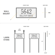 Mounting options for a 14x7 rectangle address plaque including wall mount or lawn mount