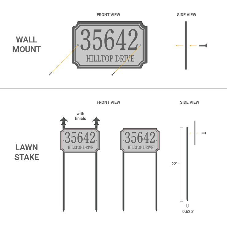 Mounting options for the scalloped address plaque including wall and lawn mounts.