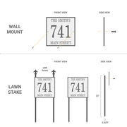 Mounting options for a square address plaque including wall mount or lawn mount