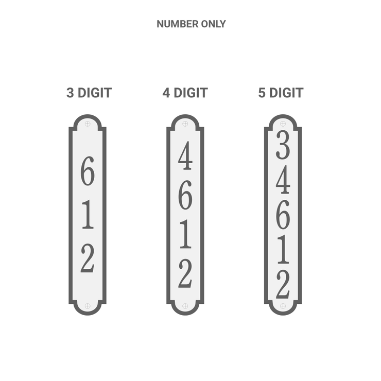 Examples of 3 digit, 4 digit, and 5 digit house numbers an a vertical address plaque