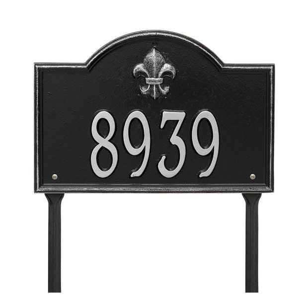 Bayou Vista 14.5x9.875 custom aluminum address plaque with one line of text and lawn mounting stakes