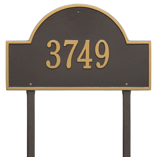 One line arch custom bronze address plaque with lawn mounting stakes