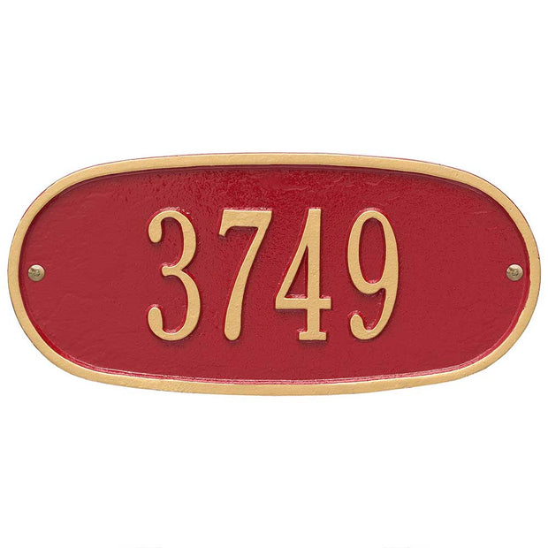 12 x 5 inch oval address plaque with wall mount this example is in red background with gold border and letters