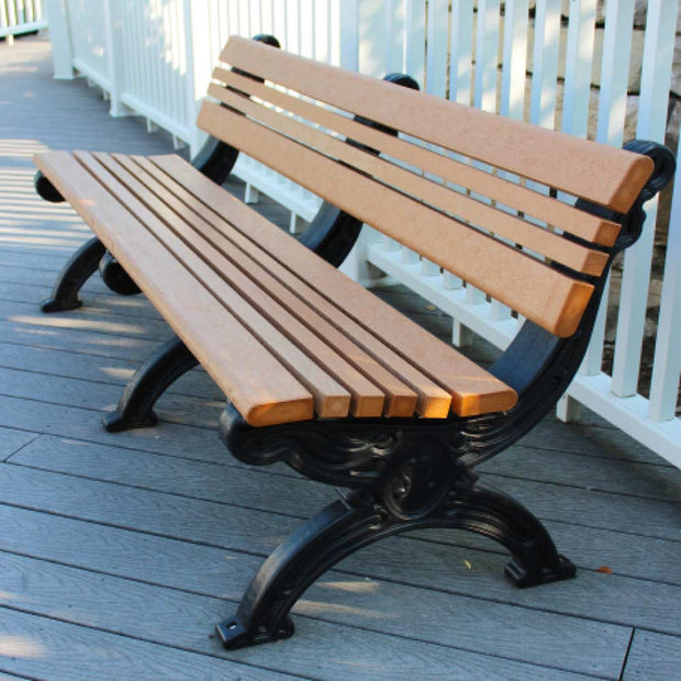 cambridge style recycled plastic bench installed on a deck 