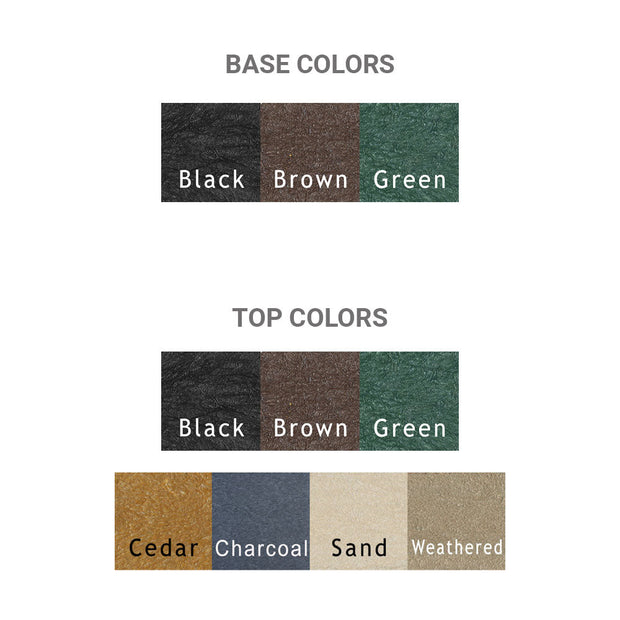 color options for recycled plastic park benches. Base Color options are black, brown and green. Top color options include: black, brown, green, cedar, charcoal, sand and weathered.