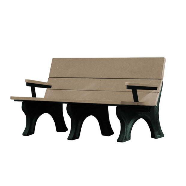 traditional ada compliant park bench made of recycled plastic. shown with arms in sand color top and black color base.