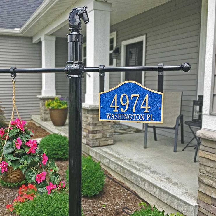 Decorative post-mounted 14" x 9" bell shaped address plaque with hanging flower basket