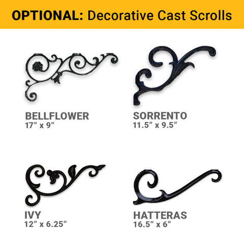 Decorative scroll options for the Colonial Decorative Street Sign including Bellflower, Sorrento, Ivy, and Hatteras