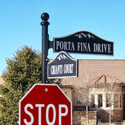 An example of Bell Cast Aluminum Street Signs as part of a sign assembly including a stop sign in a mountain region neighborhood