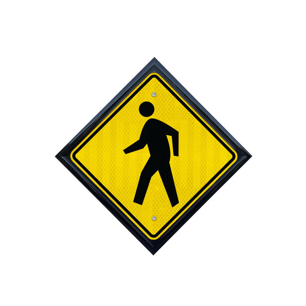 caution pedestrian walking sign in a black extruded aluminum diamond decorative sign frame