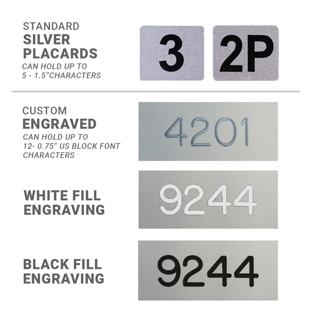 Close up of optional placard door ID colors and styles. They include standard silver with up to five 1.5 inch characters, or custom engraved, white fill engraved, and black fill engraved. Engraved styles allow up to twelve 0.75 inch characters.