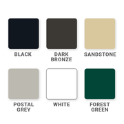 Close up of 6 different colors in which USPS cluster mailboxes may be ordered. They include black, dark bronze, sandstone, postal grey, white, and forest green.