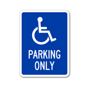 handicapped symbol and text parking only in white on blue background with white border