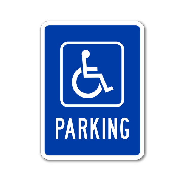 handicapped parking sign with blue background and white handicapped symbol, text and border