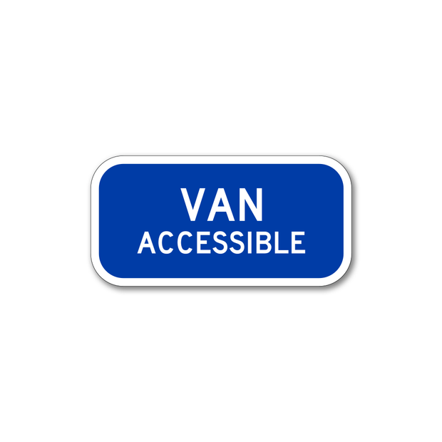 van accessible sign white text printed on blue background