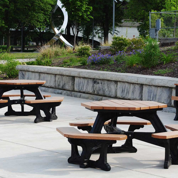 plaza hexagon picnic tables in a park