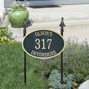 14" x 9" bell shaped lawn mount address plaque with decorative finials