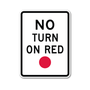 no turn on red traffic sign with text in black and red dot printed on white background