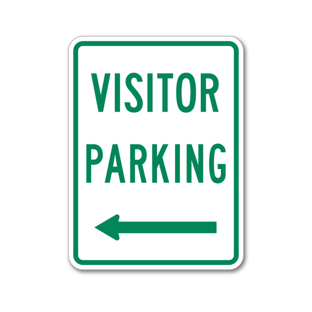 visitor parking left arrow printed in green on white