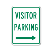 visitor parking sign with right arrow printed in green on white