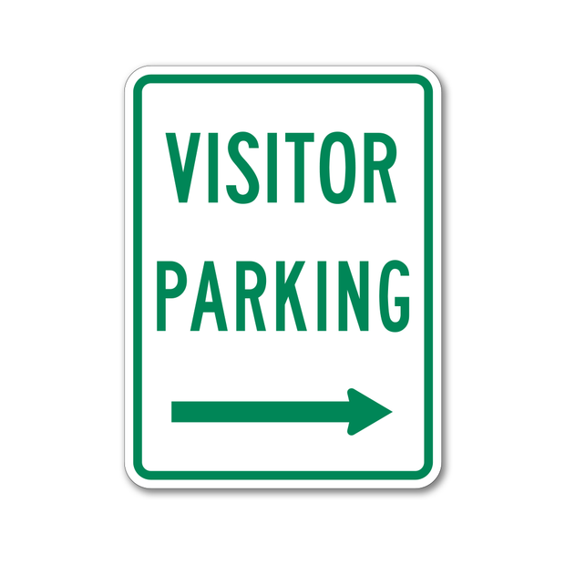 visitor parking sign with right arrow printed in green on white