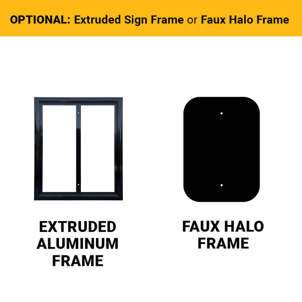 available parking sign frame options are extruded aluminum and faux halo