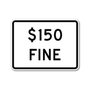 $150 Fine text printed in black on white reflective background.
