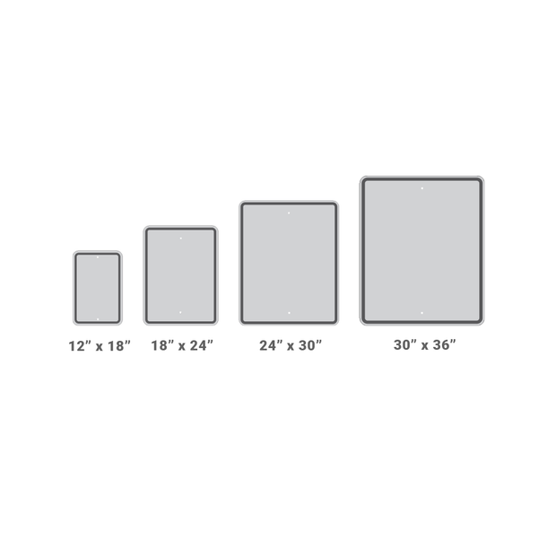 sign size options for begin one way vertical rectangle sign including 12x18, 18x24, 24x30, and 30x36 inch