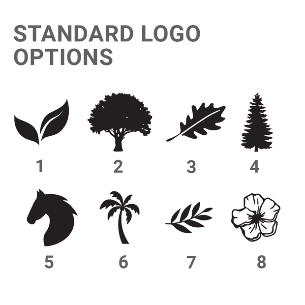 street sign logo options for paddle inserts including leaves, trees, horse head, and a flower as options for standard design options