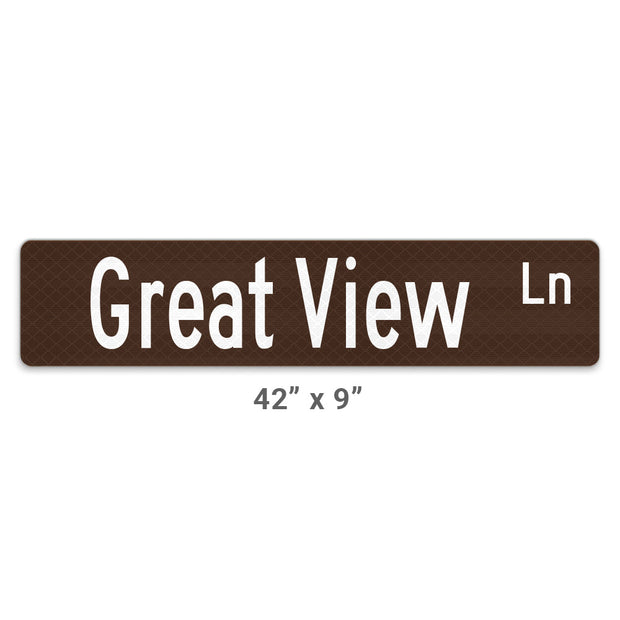 brown reflective street sign with white text on large blade at 42x9 inches