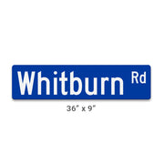 36x9 inch street sign with blue background and white text printed on reflective vinyl