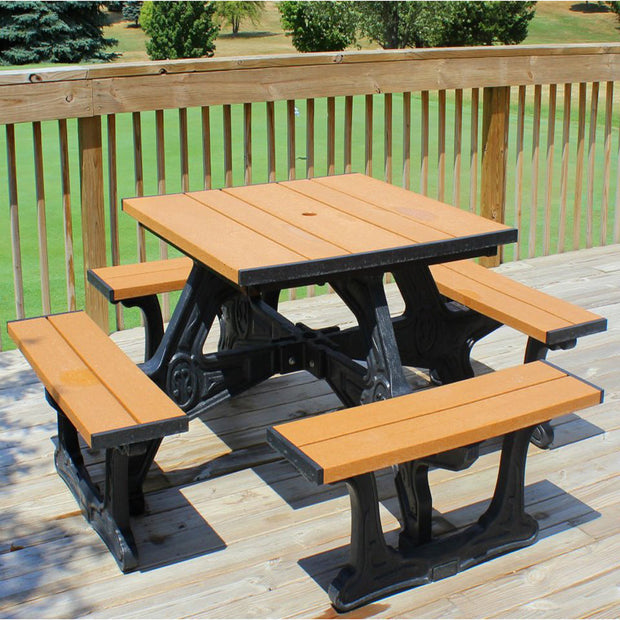 town square recycled plastic picnic table on a deck with cedar colored top and seats and black base