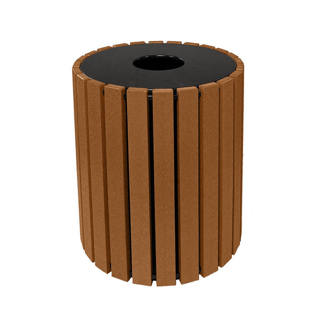 straight round trash container made out of reccled plastic with black top and cedar planks isolated on white background